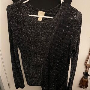 Chico's Metallic Black Knit Top with Lace Detail